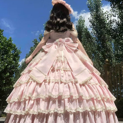 Pink Lolita Maxi Dress with Delicate Lace and Flower Embellishments, Ideal for Tea - Party Occasions