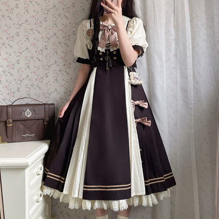 Cocoa Charm Lolita Dress - Elegant Short Sleeve OP with Striped Bow and Teddy Accent