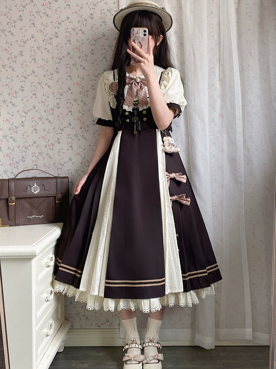 Cocoa Charm Lolita Dress - Elegant Short Sleeve OP with Striped Bow and Teddy Accent