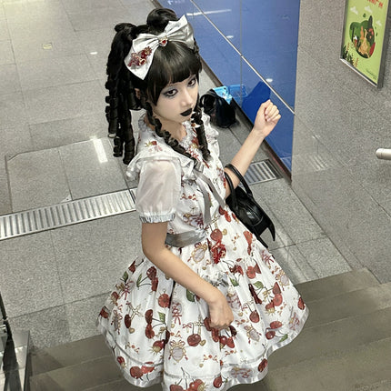 S-2XL Cherry Blossom Delight Lolita Dress – Sweet Vintage Print JSK/OP in Black, Red, Gray & White