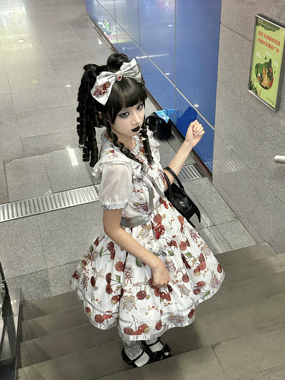 S-2XL Cherry Blossom Delight Lolita Dress – Sweet Vintage Print JSK/OP in Black, Red, Gray & White