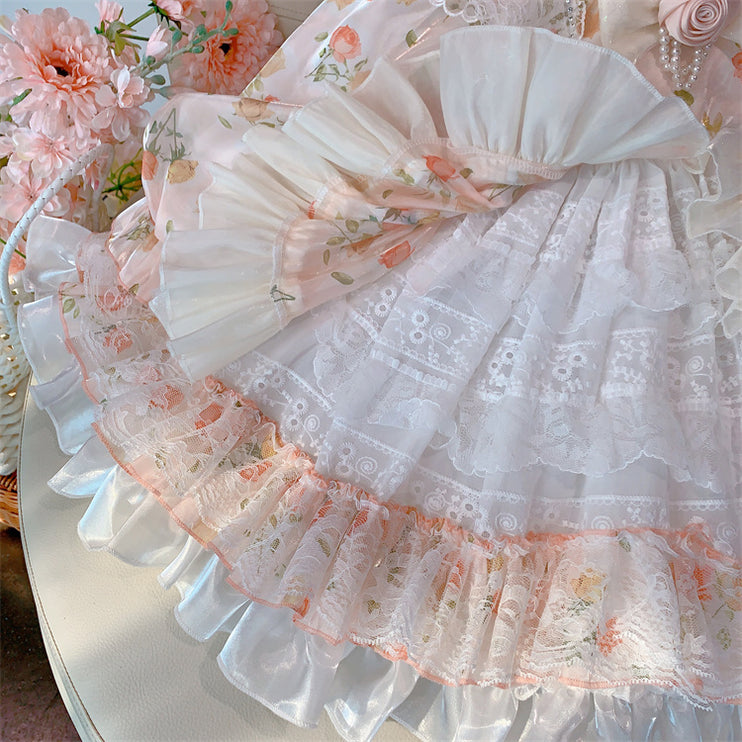 Charming Pastel Pink Lolita Dress for Girls - Floral Embellished, Multi-Layered Skirt