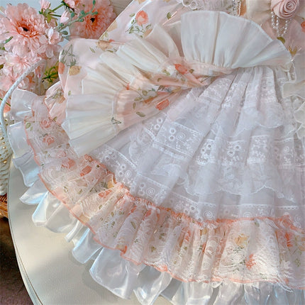 Charming Pastel Pink Lolita Dress for Girls - Floral Embellished, Multi-Layered Skirt, Perfect for Tea Parties and Special Occasions