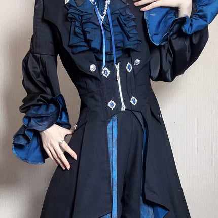 Gothic - Inspired Black and Teal Asymmetrical Long Coat with Puff Sleeves and Decorative Details
