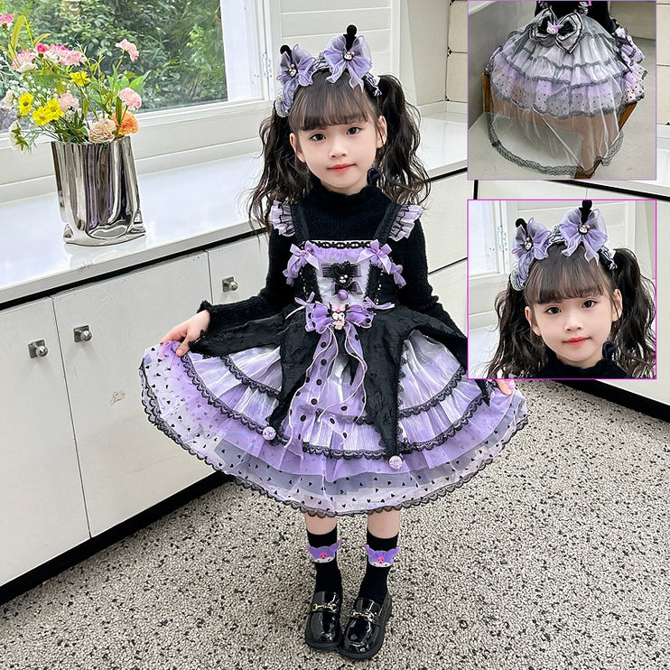 Elegant Black and Purple Lolita Dress for Girls - Intricate Lace and Ruffled Skirt