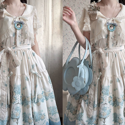 Bluebird Garden Lolita JSK – Elegant Floral Print Cla Series Dress with Waist Tie and Scalloped Hem