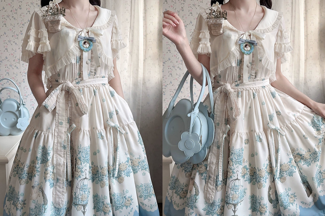 Bluebird Garden Lolita JSK – Elegant Floral Print Cla Series Dress with Waist Tie and Scalloped Hem