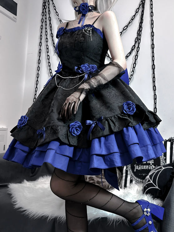 Gothic Rose Witch Lolita Dress - Dark Elegance JSK with Chain and Velvet Bow Accents