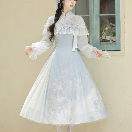 Light - blue Traditional Chinese - style Dress with Delicate Floral Embroidery and Sheer Sleeves