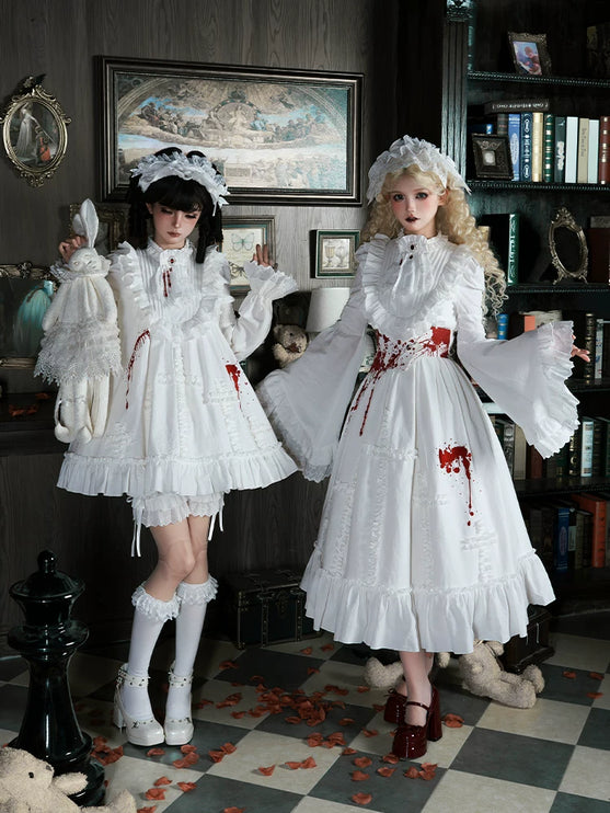 Gothic Lolita White Dresses with Bloody Accents, Delicate Lace and Charming Design