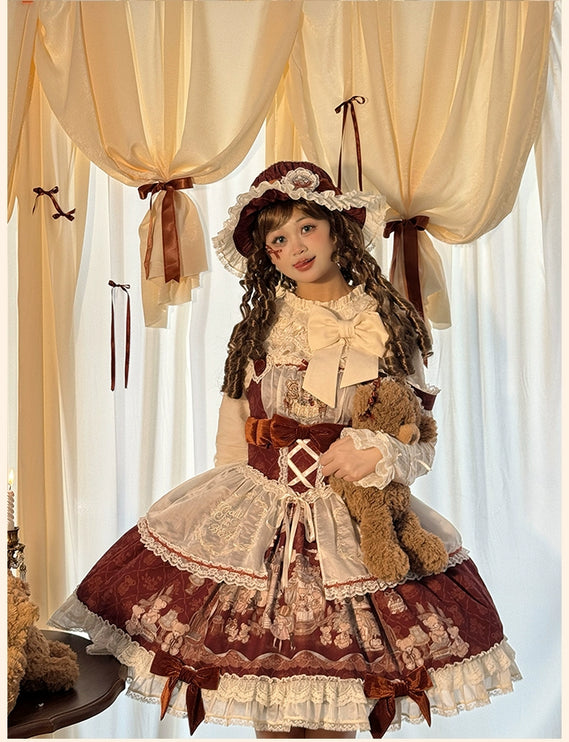 Lolita Bear Castle Doll-like True Waist JSK Jumper Dress