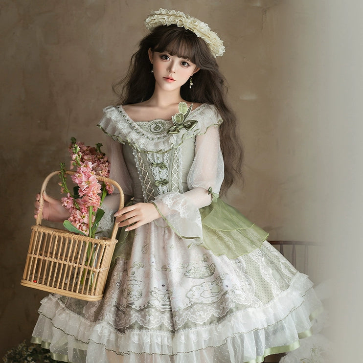 Sweet Lolita Dress - Light Green Layered Tulle Skirt with Lace & Embroidery