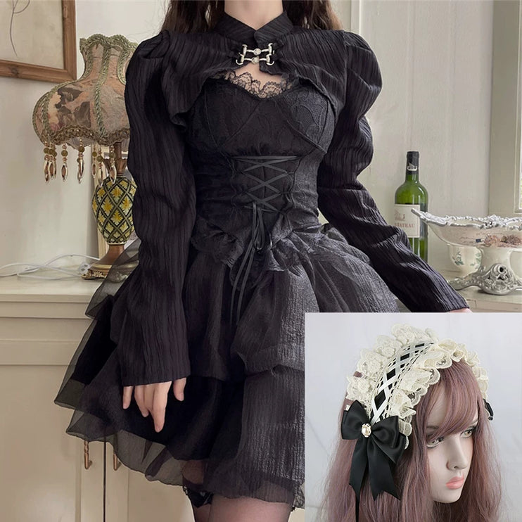 Black Gothic Lolita Dress with Corset Front, Puffy Sleeves & Tulle Layers for Girly Charm