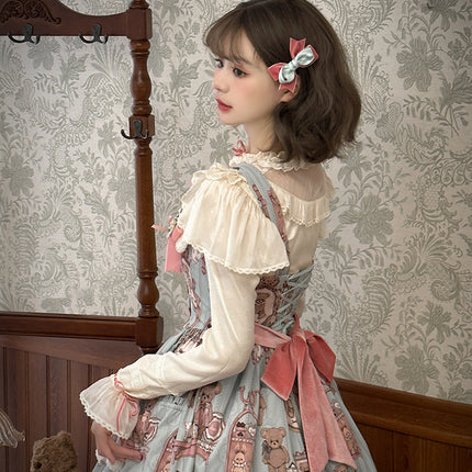 Enchanting Pastel Green Animal Illustration Lolita Jumper Skirt (JSK) Dress
