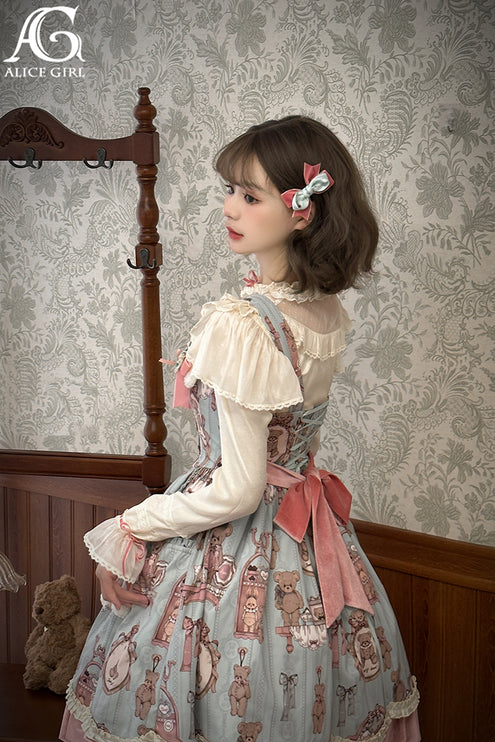 Enchanting Pastel Green Animal Illustration Lolita Jumper Skirt (JSK) Dress