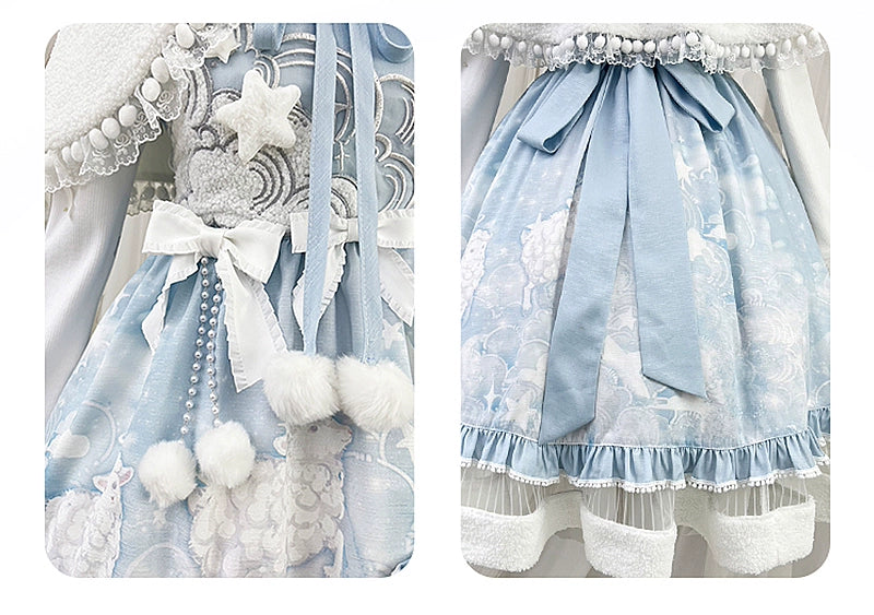 Lolita Dress with Fluffy Ears Headband - Sweet Pastel Blue and White Princess - Style Cosplay Costume