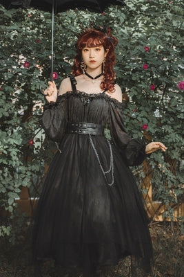 Vintage Square Neck Dark Gothic Black Lolita OP Dress Mid & Long Length