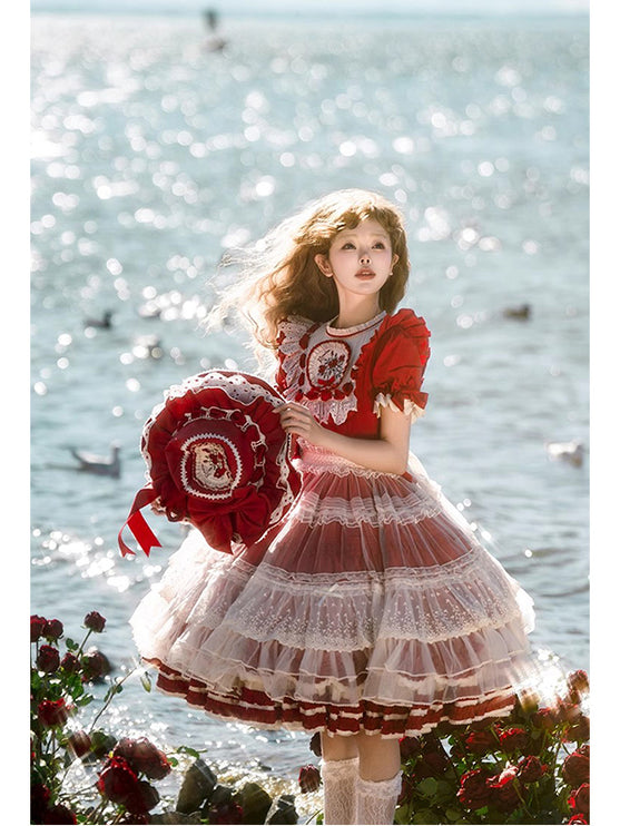 Elegant Country Style Red Lolita OP with Whimsical Embroidery and Ruffled Trims