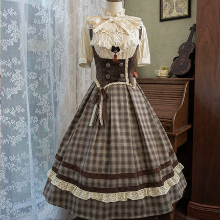 Vintage - style Plaid Suspender Skirt with Lace Trims and Button - up Bodice