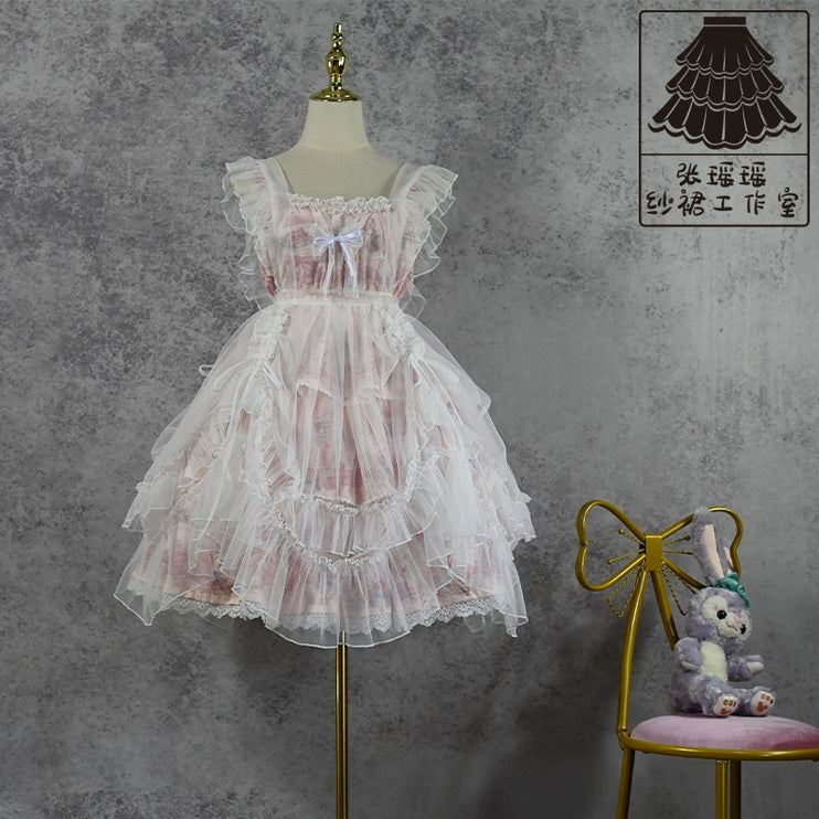 Serene Blossom Lolita Dress - Dual-Style Apron Overlay JSK with Floral and Lace Accents