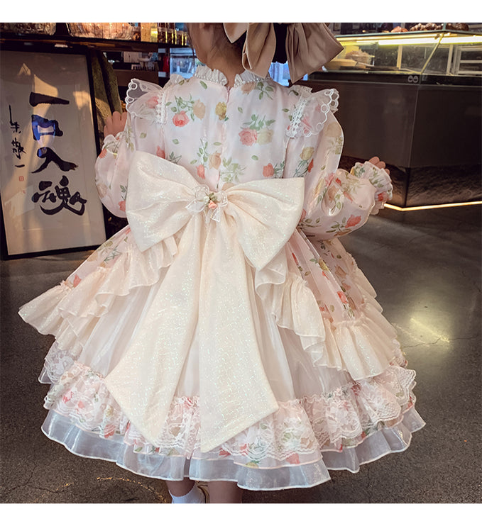Charming Pastel Pink Lolita Dress for Girls - Floral Embellished, Multi-Layered Skirt