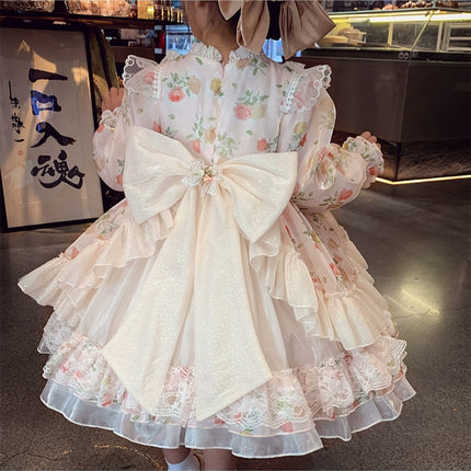Charming Pastel Pink Lolita Dress for Girls - Floral Embellished, Multi-Layered Skirt, Perfect for Tea Parties and Special Occasions