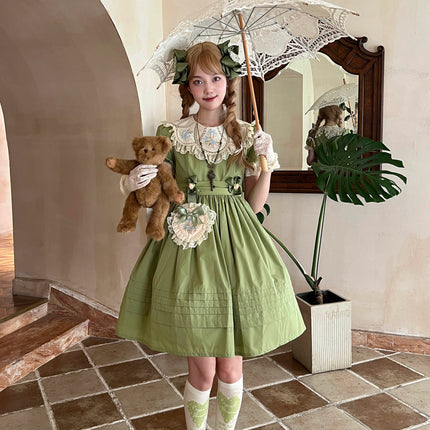 Vintage Garden Lolita Dress - Embroidered Floral Collar OP in Soft Green