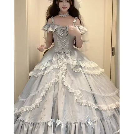 Off - the - shoulder Lolita Gown with Intricate Lace and Multiple Tiers of Ruffles