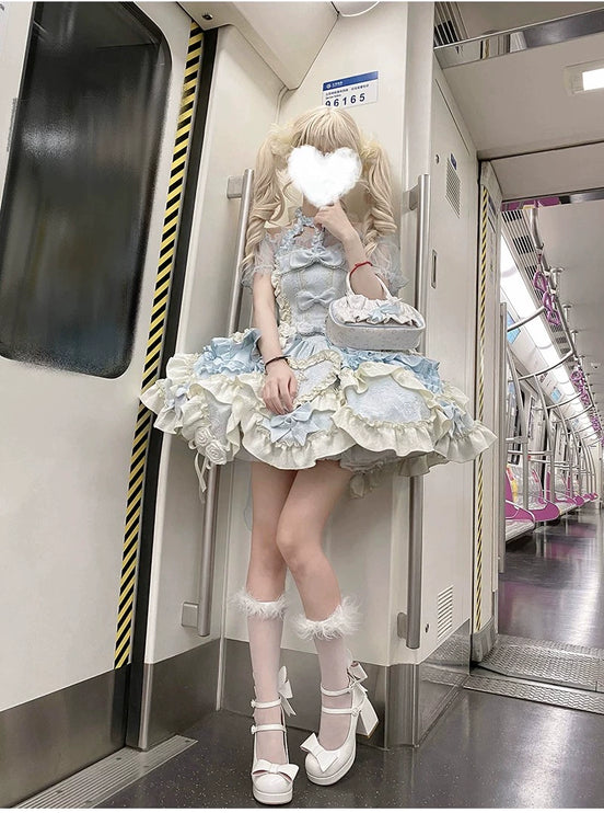 Gothic Heart of Pearls Lolita Dress - Pastel Princess JSK with Layered Ruffles and Cross Embellishments