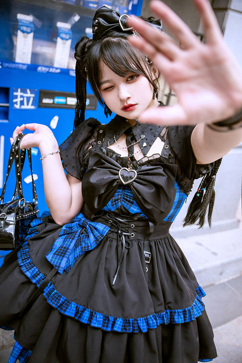 Gothic Blue Plaid Lolita JSK with Heart-Shape Neckline and Ruffled Trims