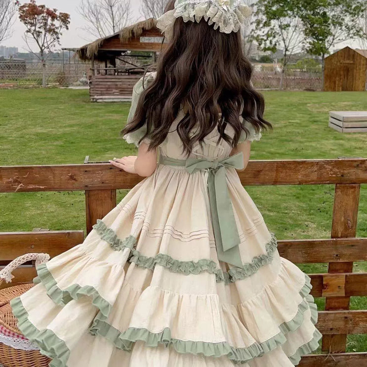 Sage Blossom Lolita Dress - Cottagecore Ruffled OP with Pastel Green Accents