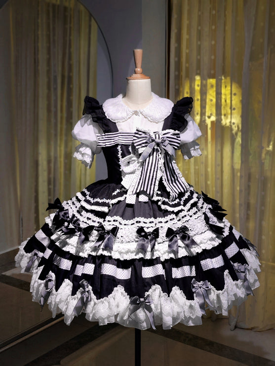 Gothic Aristocrat Lolita Dress - Victorian Black and White Ruffled Doll OP with Cape and Bonnet