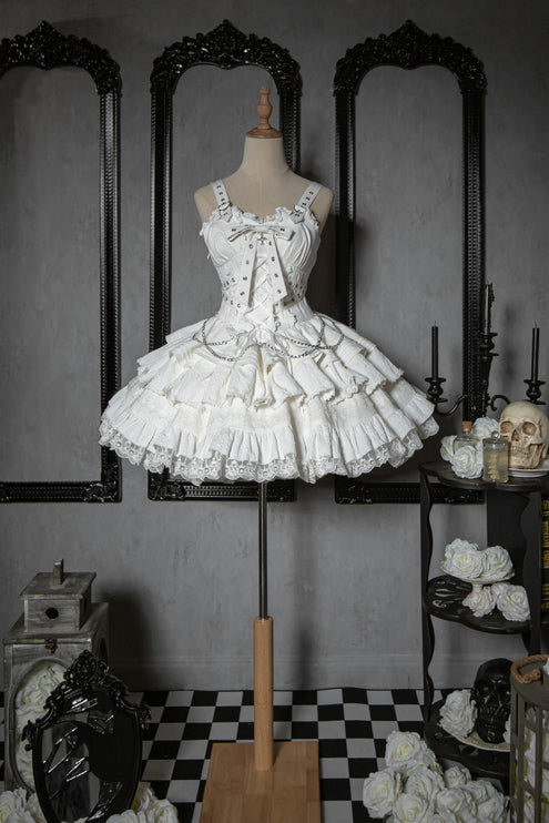 Vintage-Inspired Black&White Lolita JSK with Intricate Details and Versatile Styling