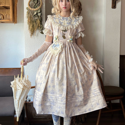 Vintage Garden Lolita Dress - Embroidered Floral Collar OP in Soft Green