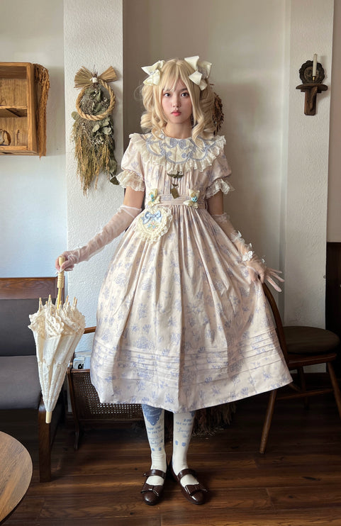 Vintage Garden Lolita Dress - Embroidered Floral Collar OP in Soft Green