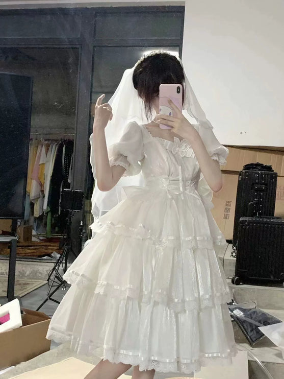 Elegant White Lolita Dress with Ruffled Skirt and Sheer Stockings