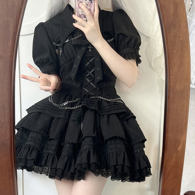 Vintage-Inspired Black&White Lolita JSK with Intricate Details and Versatile Styling