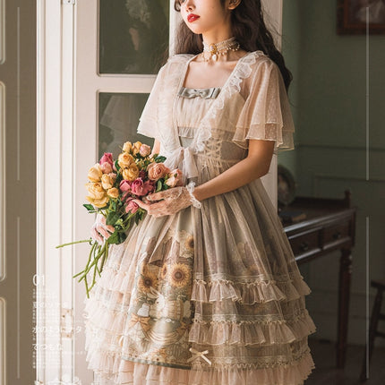 Vintage Floral Lolita Dress with Tulle Layers, Off - the - Shoulder Sleeves & Delicate Headpiece
