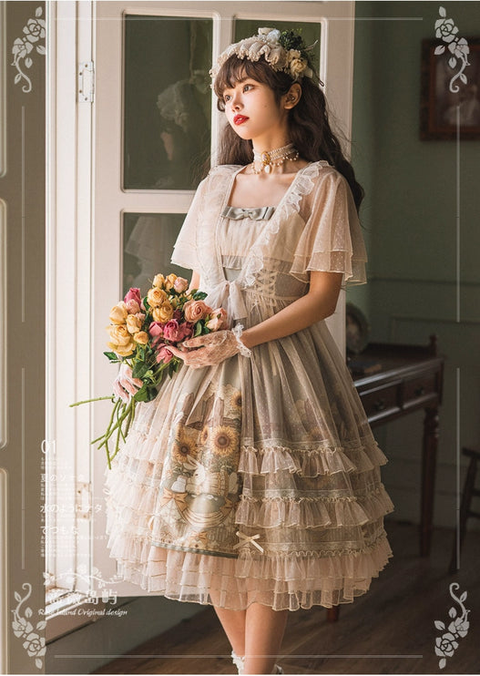 Vintage Floral Lolita Dress with Tulle Layers, Off - the - Shoulder Sleeves & Delicate Headpiece