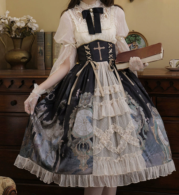 Victorian Gothic Lolita 4-Piece Set, Skirt with Baroque Print and Cross Lace