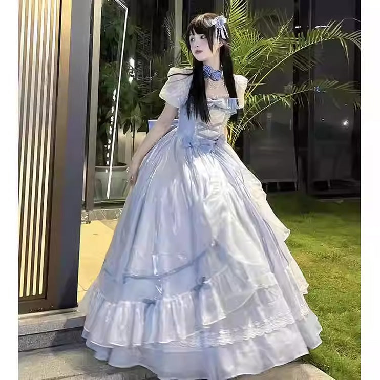 Blue Adult Formal Dress, Big Flower Bridal Lolita Dress