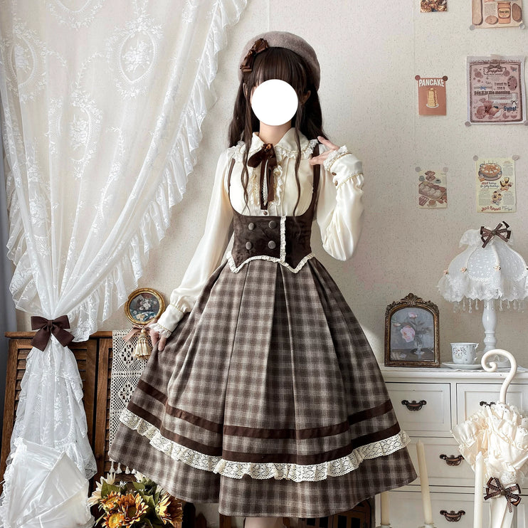 Vintage - style Plaid Suspender Skirt with Lace Trims and Button - up Bodice