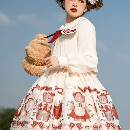 Christmas Teddy Bear Lolita JSK –New Year's Festive Strawberry Print Lolita Dress with Red Bow Accents