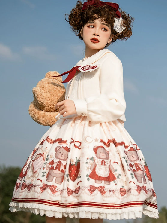 Christmas Teddy Bear Lolita JSK –New Year's Festive Strawberry Print Lolita Dress with Red Bow Accents