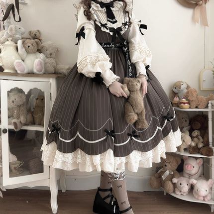 Aristocratic Elegance Lolita Dress - Pinstripe OP with Ribbon Belt and Lace Accents