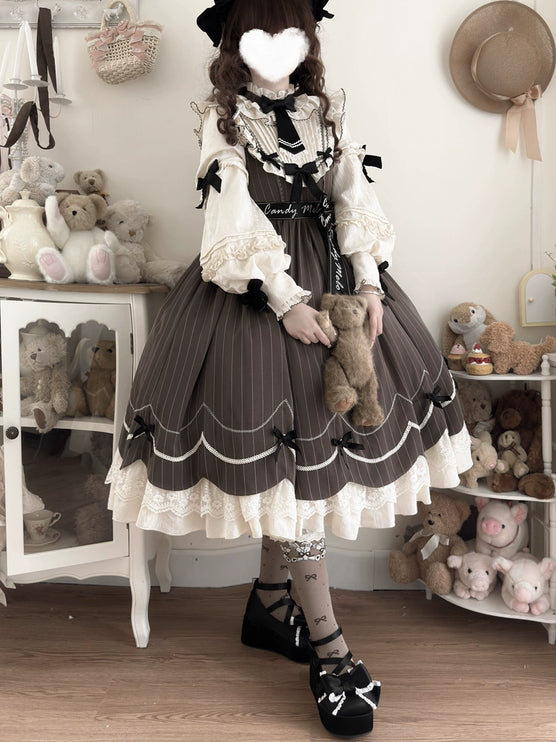 Aristocratic Elegance Lolita Dress - Pinstripe OP with Ribbon Belt and Lace Accents