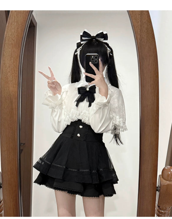 Tiered Black Skirt with Sweet Bows: Delicate & Charming Lolita - style