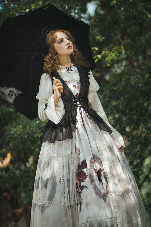Gothic Butterfly Lolita Dress Set - High Collar Inner Layer with Lace Overlay and Waist-Cinching Vest