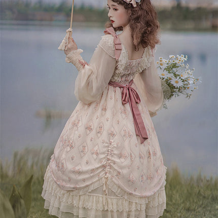 Elegant Cream Lolita Dress with Floral Embroidery and Ruffled Skirt
