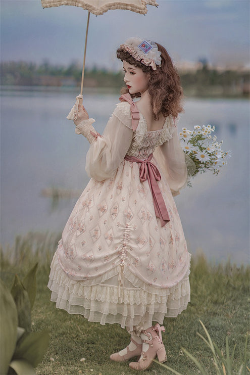 Elegant Cream Lolita Dress with Floral Embroidery and Ruffled Skirt